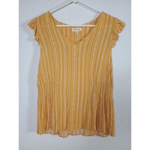Faith and Joy Blouse Womens M Yellow White Striped V-Neck Ruffle Short Sleeve